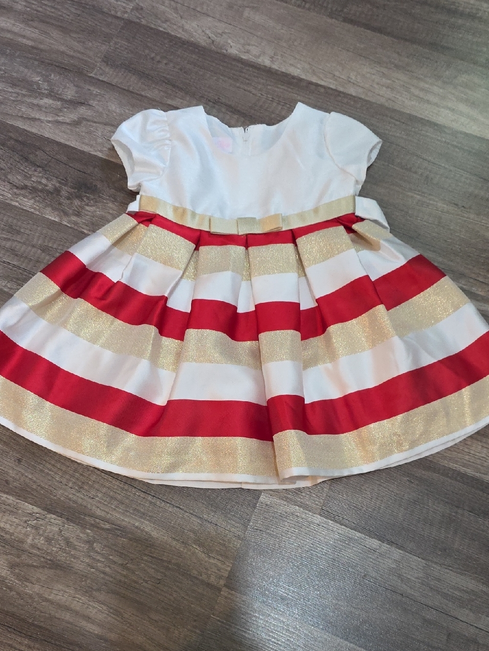 Bonnie Baby White Dress with Red and Gold Stripes